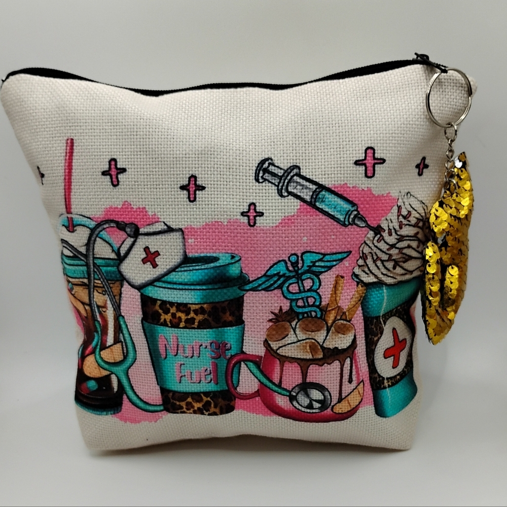 Adorable Nurse Theme Cosmetic Pouch With A Sequin Bag charm. (8.6L×7"H)